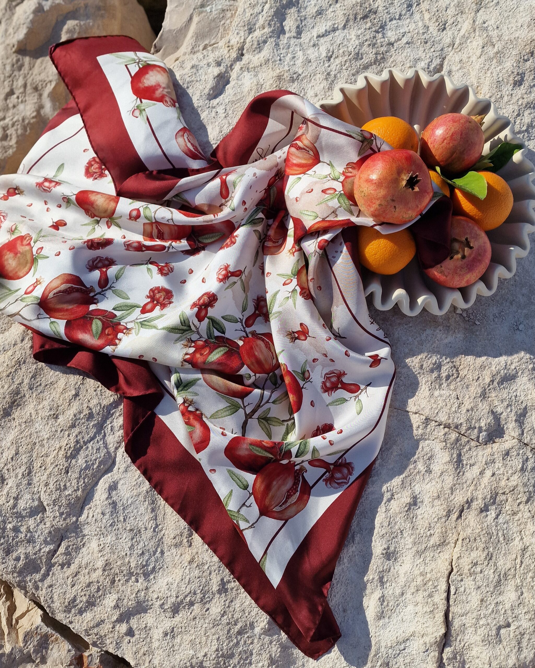Crimson Ritual 90 × 90 cm silk twill scarf with an original Mediterranean pomegranate illustration by Fosca Dalmatica.