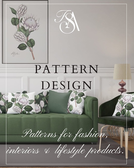 Mediterranean-inspired botanical surface pattern by Fosca Dalmatica, available for textile and product licensing.
